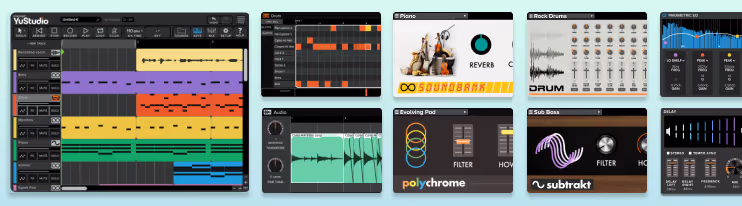 Screenshots from YuStudio highlighting some of the DAW's features