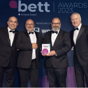 Charanga founders Mark Burke and Paul Fletcher collecting the best Digital Learning Product at internationally-acclaimed Bett Awards